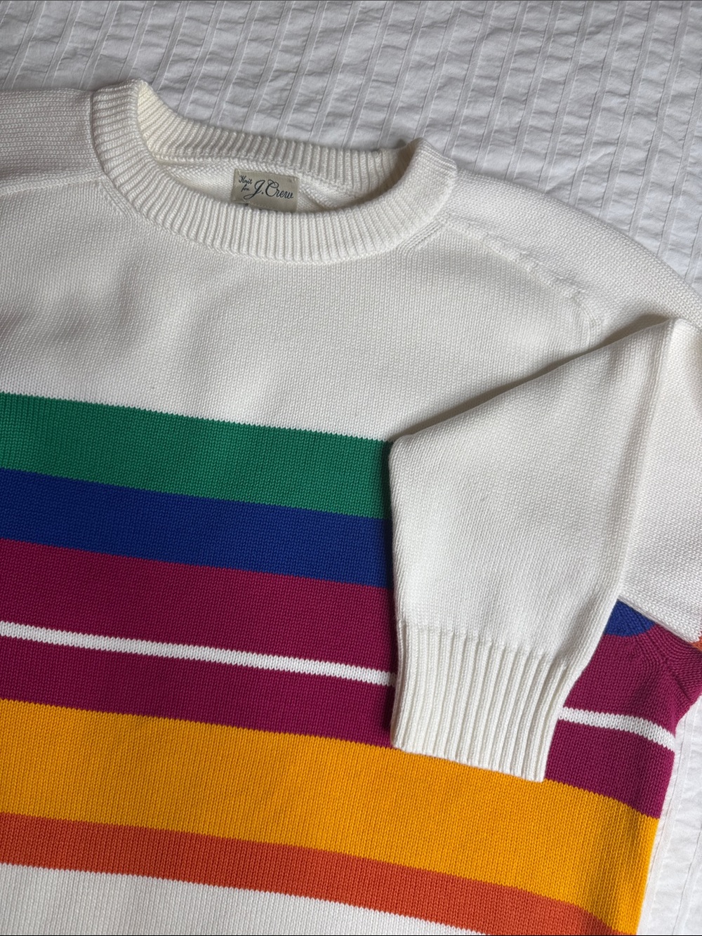 J. Crew White Crewneck Sweater with Multicolor Stripes
